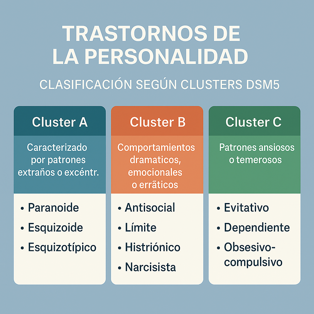 Tabla de clasificación de los clusters de personalidad según el DSM-5: Cluster A, B y C, características y trastornos asociados